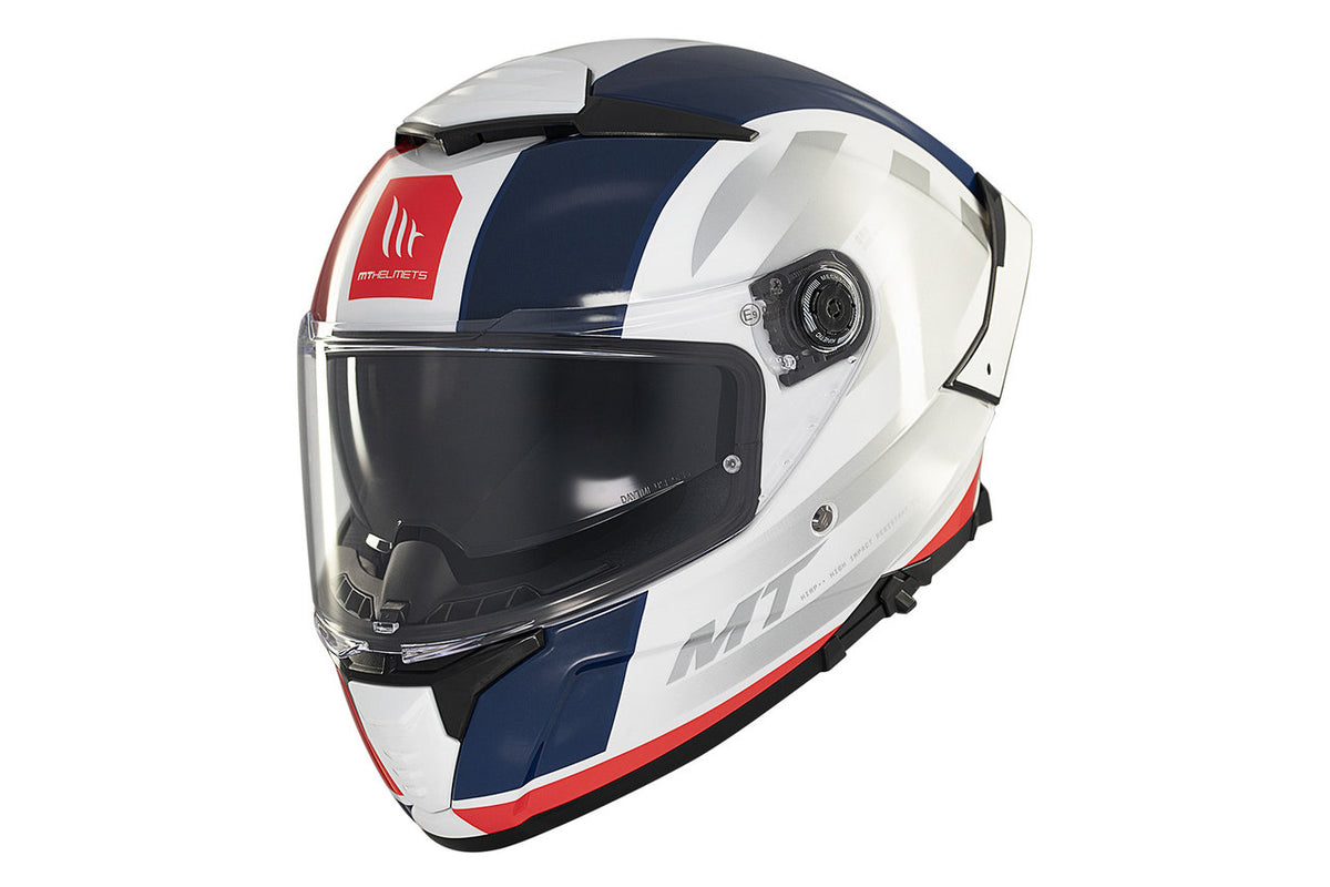 MT Helmets Integral Mc-Hjälm Thunder 4 SV Treads C7 med modern design i rött, vitt och blått, visir och ventilation för säker körning.