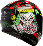 Baksidan av MT Helmets Integral Mc-Hjälm Targo Joker Svart med detaljerat Joker-motiv och säkerhetscertifiering. Perfekt för stadskörning.