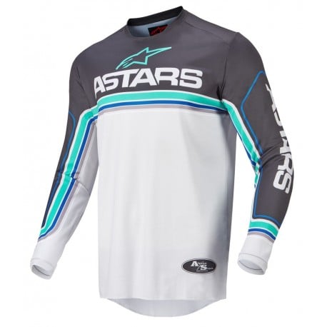 Alpinestars Crosströja Fluid Speed i vit, grå och turkos design med långärmad passform. Perfekt för motocross och offroad-körning.