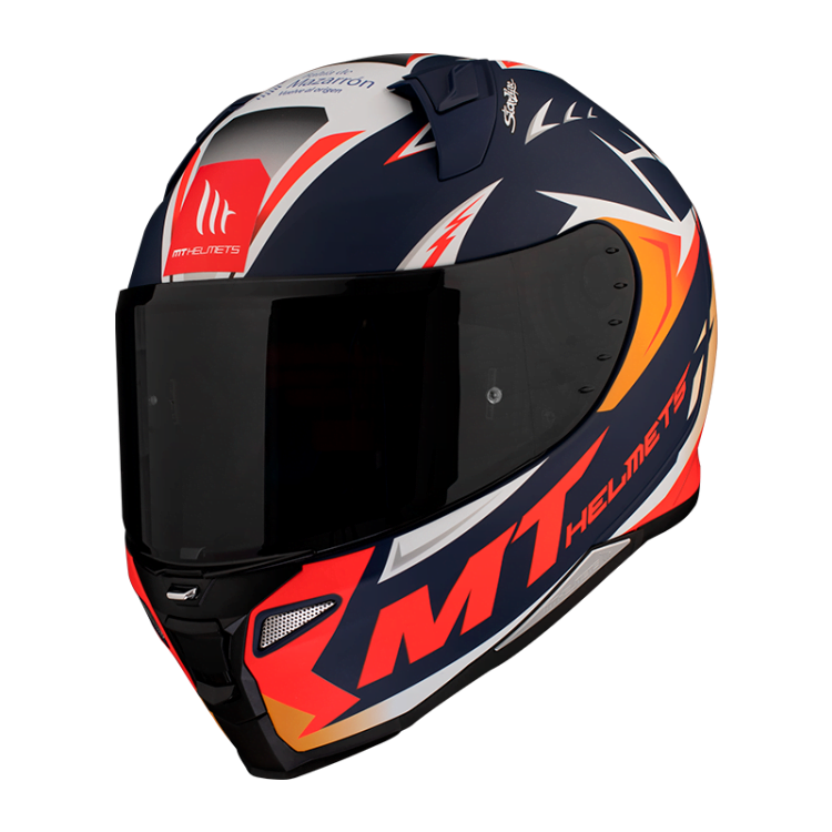 MT Helmets Integral Mc-Hjälm Revenge 2 Acosta Blå med aerodynamisk design, mörkt visir och färgstarka blå, röda och orange detaljer.