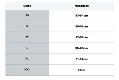 Storlekstabell för HJC Öppningsbar Mc-Hjälm I90 Wasco Grå/Svart, med mått från XS (53-54 cm) till XXL (63 cm).