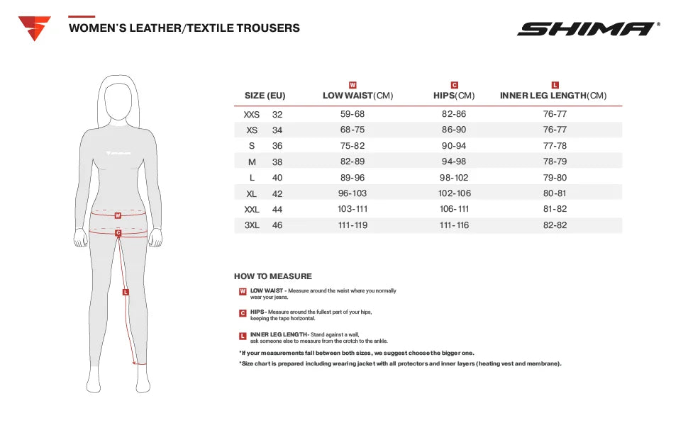 Storlekstabell för Shima Dam Textil Mc-Byxor Rush 2.0 Vented Svart med mått för midja, höfter och innerbenslängd i olika storlekar.