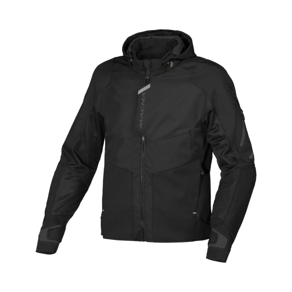 Macna Textil Mc-Jacka Beacon Svart med modern design, justerbar huva och ventilationspaneler fram. Perfekt för motorcykelåkning.