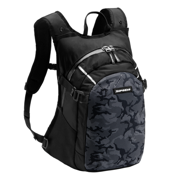 Spidi Ryggsäck Tour Pack Svart med kamouflagemönstrad ficka och justerbara remmar, perfekt för motorcykelanvändning.