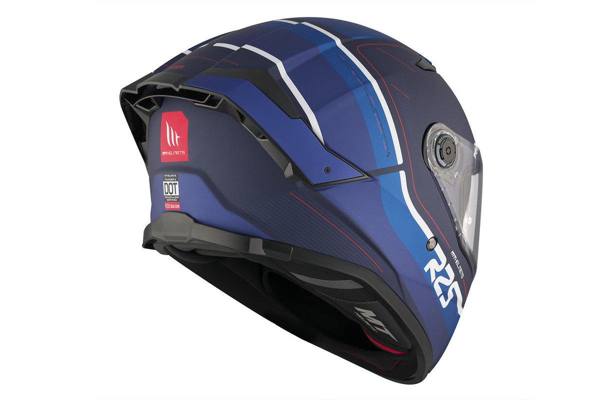 Baksidan av MT Helmets Integral Mc-Hjälm Thunder 4 SV R25 Röd med DOT-certifiering och modern grafik i rött och blått.