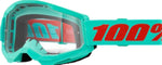 100% Goggles Strata 2 Maupiti - Klar med turkos ram och röd logotyp, designad för motocross och motorcykelsäkerhet.