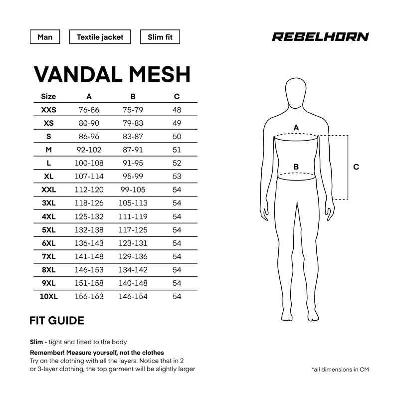 Storlekstabell för Rebelhorn Textil Mc-Jacka Vandal Mesh Svart med mått i centimeter och passformsguide för slim fit.