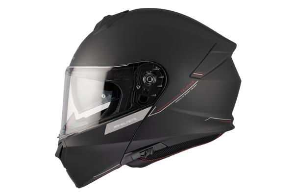 MT Helmets öppningsbar mc-hjälm Genesis SV i matt svart, visir stängt, sidovy med aerodynamisk design och röda detaljer.