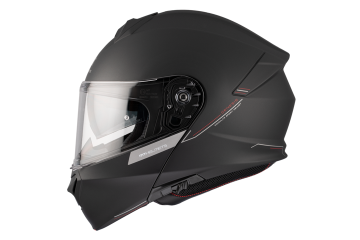 MT Helmets öppningsbar mc-hjälm Genesis SV i matt svart, visir stängt, sidovy med aerodynamisk design och röda detaljer.
