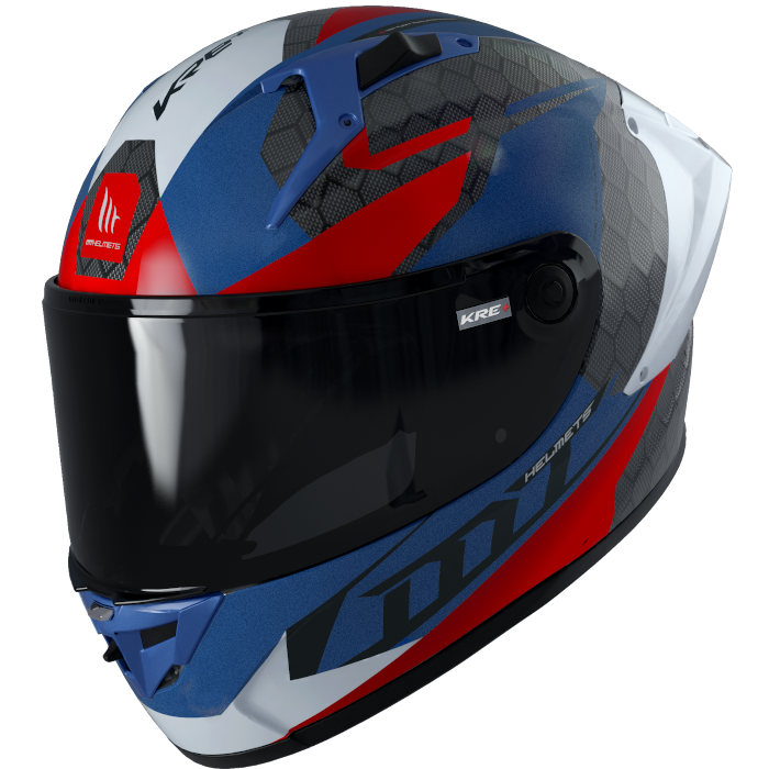 MT Helmets Integral Mc-Hjälm Kre+ Carbon Projectile D7 med aerodynamisk design i blått, rött och vitt med kolfibermönster, storlek XS-XXL.