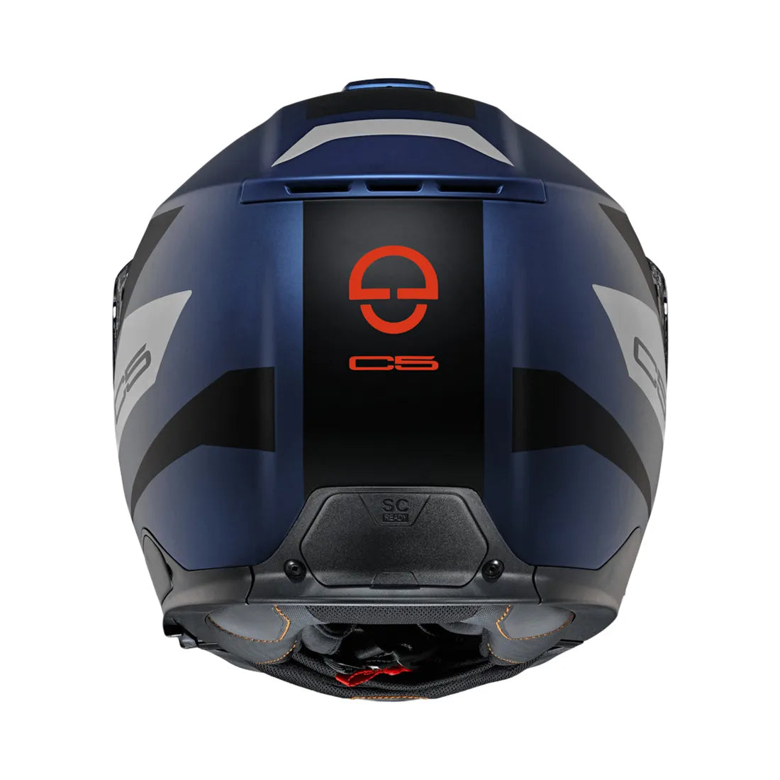 Baksida av Schuberth C5 Eclipse blå mc-hjälm med C5-logotyp och aerodynamisk design. Idealisk för motorcykelentusiaster.