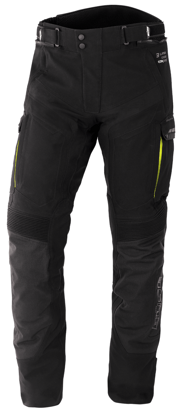 Buse laminerade textil MC-byxor Storm i svart med 3-lagers konstruktion, ventilation och fickor. Perfekt för säkerhet och komfort vid motorcykelkörning.