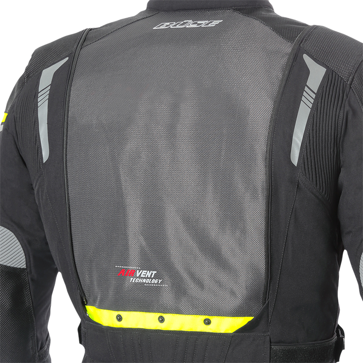 Närbild på ryggen av Buse Textil Mc-Jacka Agadir Svart med AirVent-teknologi och reflexdetaljer för ökad synlighet.